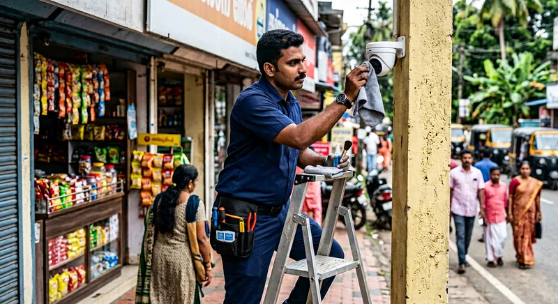 CCTV technician on AMC visit cleaning a camera lens at a Thrissur shop