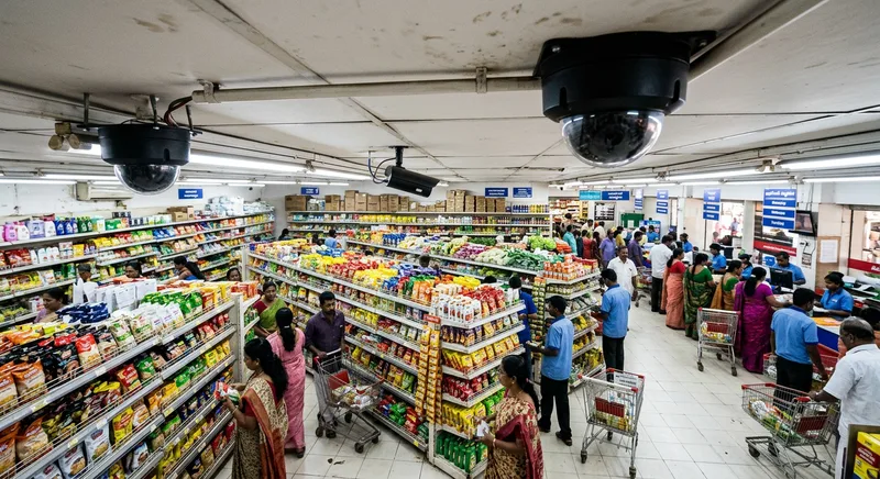 Commercial CCTV setup with multiple cameras at a Thrissur supermarket