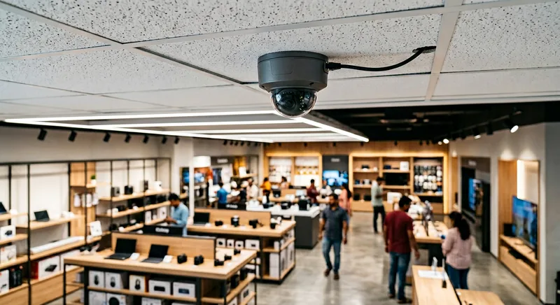 High resolution IP camera mounted on the ceiling of a Thrissur showroom
