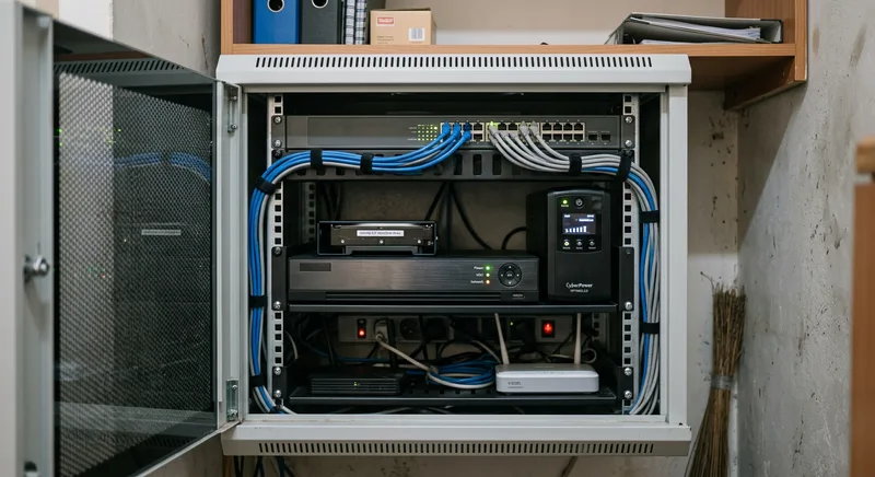 NVR with hard disk and UPS in a Thrissur office equipment cabinet