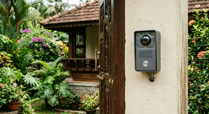 Wired video door phone outdoor unit at a Thrissur villa entrance