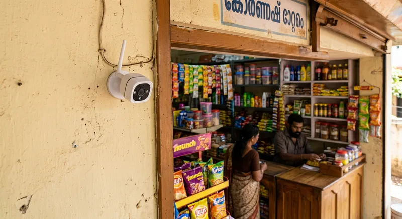 Wireless WiFi CCTV camera mounted on the wall of a Thrissur rented shop